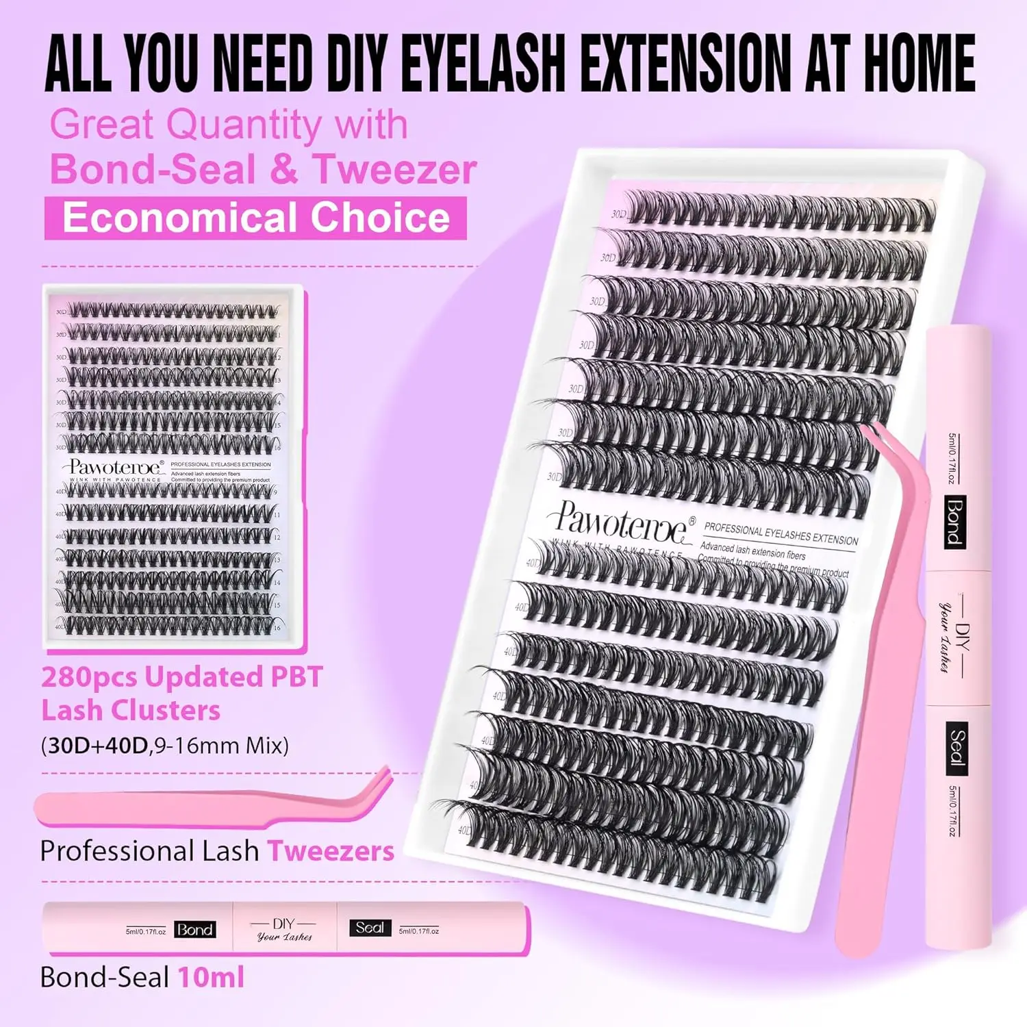 DIY Eyelash Extension Kit with 280pcs Clusters, 9-16mm Individual Lashes, Lash Bond, Seal & Tweezers for Self Use