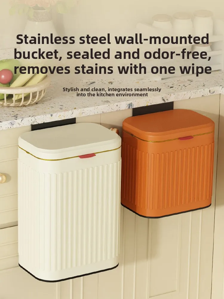 Stainl Steel Desktop Kitchen Tra Can Wall Mounted Cabinet Door Toilet Storage Buet Home Use with Cover Household Clean...