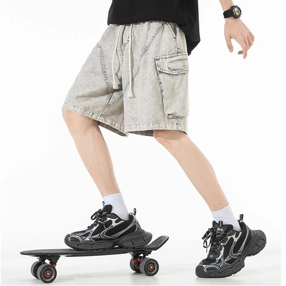 Vintage Denim Shorts Men Fashion Casual Multiple Pockets Denim Shorts Summer Elastic Waist Short Pants Male