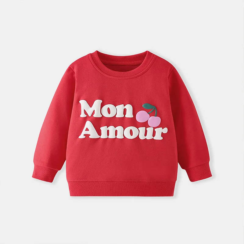 Girls Red Round Neck Sweatshirt 2026 Fall Winter Cherry Letter Foam Print Medium Small Pullover Kids Sweatshirt