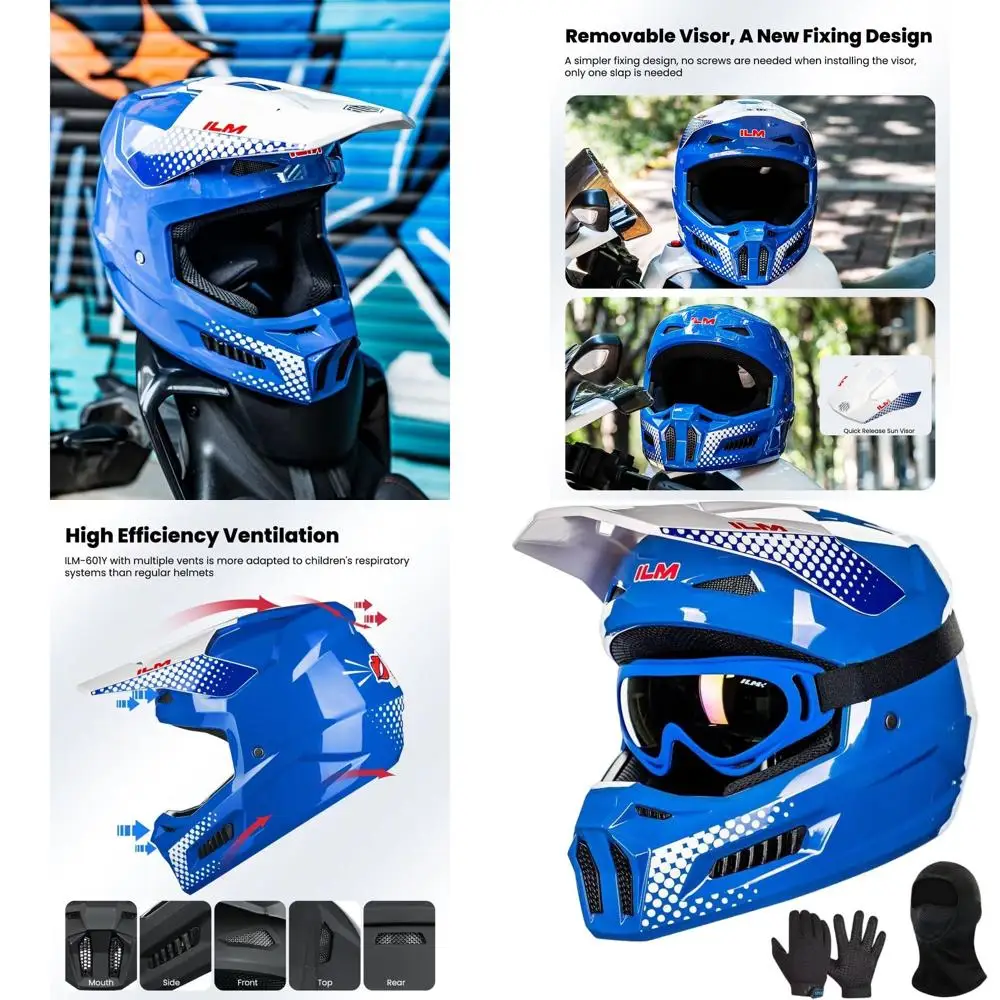 

Youth Dirt Bike Helmet with Goggles, Gloves & Mask for ATV, BMX, Off-Road Riding - Pop Art Blue, Youth X-Large