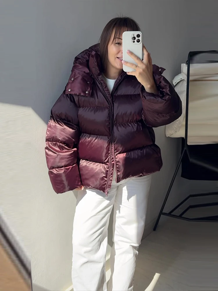 2026 Winter Women Dusty Blue Hooded Glossy Cropped Puffer Jacket High Collar Zip Up Horizontal Quilted Oversized Down Outerwear