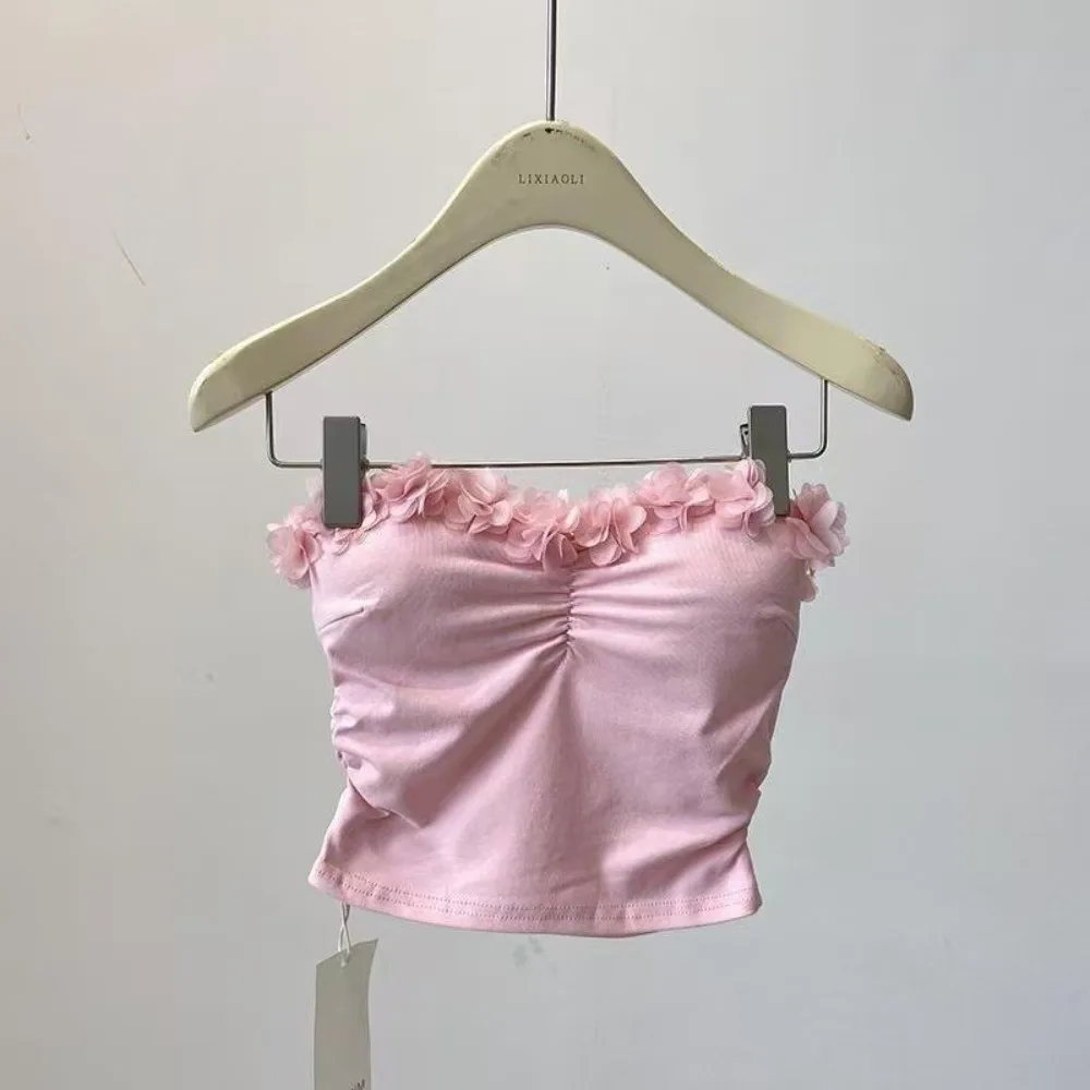 

Socialite Style 3D Flower Camisole Slim Fit Tanks 3D Flower Decoration Suspender Vest Wrap The Chest No Straps
