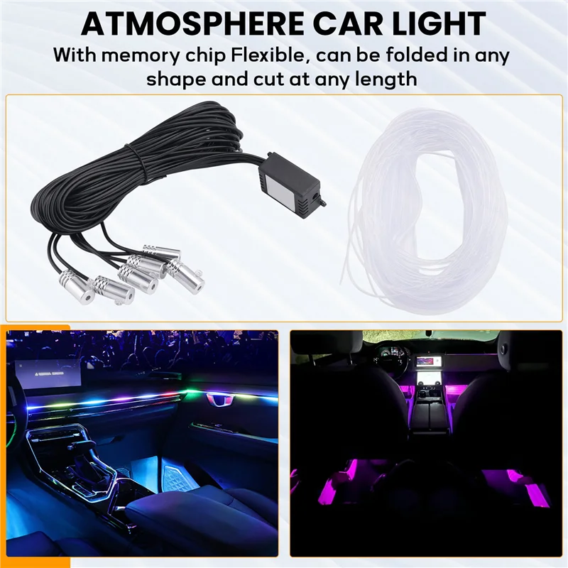

OB-6 в 1 RGB светодиодный атмосферный автомобильный светильник, внутренний окружающий свет, оптоволоконные полосы, свет по управлению через приложение, сделай сам, музыка, волокно 8 м