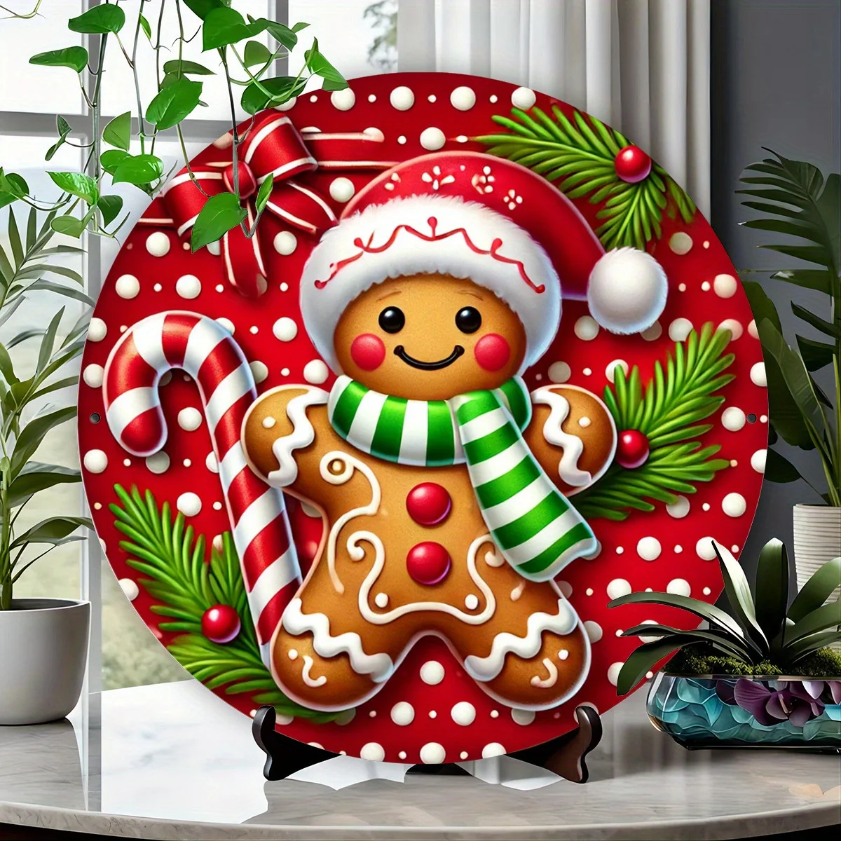 One, gingerbread Man and candy cane themed round aluminum plaque, 7.8x7.8 inches (20x20 cm), interior and exterior decoration