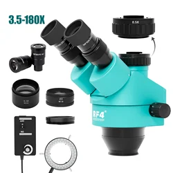 Simul-Focal Trinocular Zoom cabeça de microscópio estéreo, telefone móvel, solda PCB, 0.7X lente Barlow auxiliar, RF4 7-45X, 3.5-90X, 180X