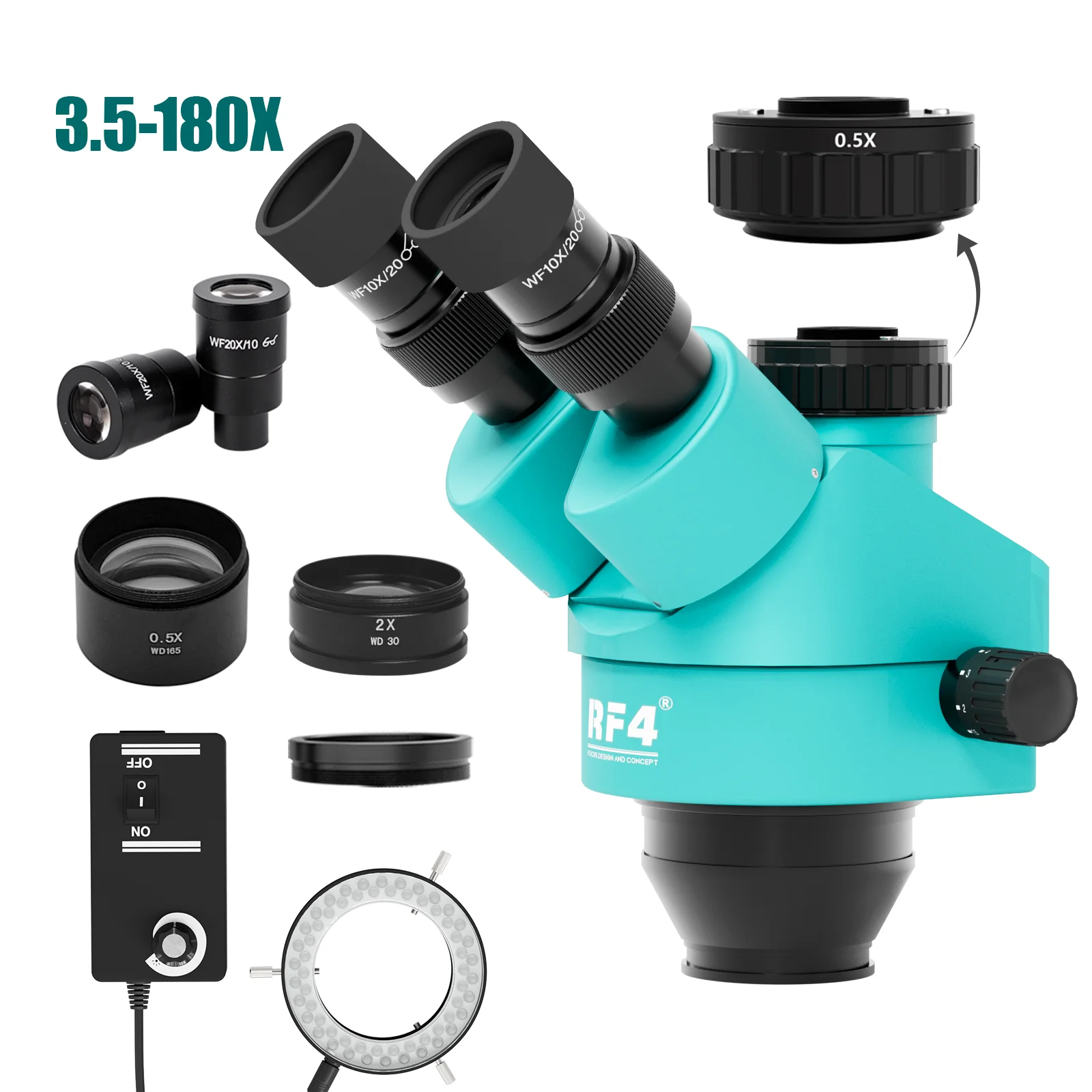 RF4 7-45X 3.5-90X 180X simul-focal Trinocular Zoom mikroskop Stereo głowica telefon komórkowy PCB lutowanie 0.7X pomocniczy obiektyw barlowa