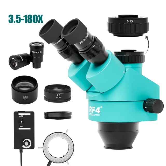 RF4 7-45X 3.5-90X 180X simul-focal Trinocular Zoom mikroskop Stereo głowica telefon komórkowy PCB lutowanie 0.7X pomocniczy obiektyw barlowa