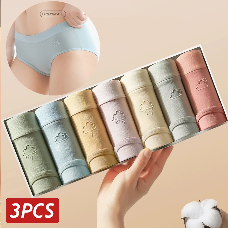 Women Cotton Panties 3PCS/Set Low Rise Soft Sexy Underwear Female Solid Color Lingerie Girls Cute Drip Glue Cloud Pattern Briefs