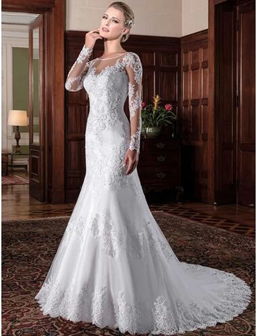 VENSANAC Illusion O Neck Lace Mermaid Wedding Dresses Appliques Long Sleeve Backless Sweep Train Bridal Gown