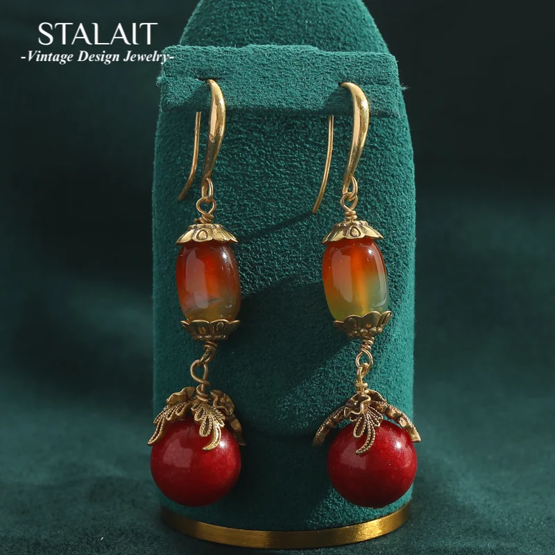 

Vintage Natural Red Glass Bead Long Drop Earrings Leaf Antique Pendant Dangle Jewelry High Quality Accessories for Women