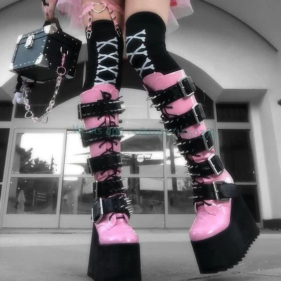 Punk Leather Long Rivet Platform High Heel Boots Girl Buckle Knee High Round Toe Boots Women Street Design Rocking Dress Shoes