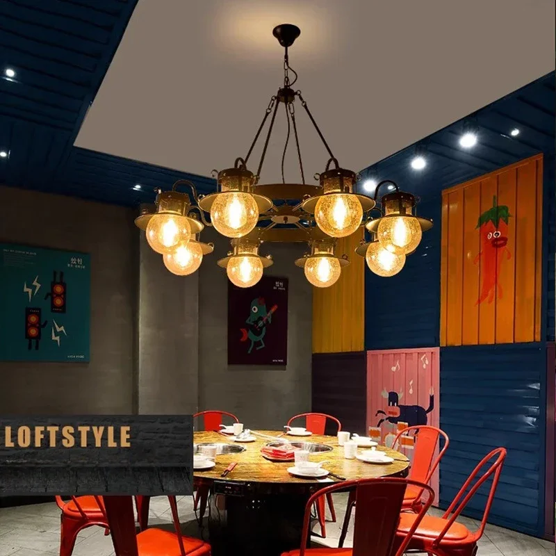 American Retro Industrial Style Living Room Bedroom Cafe Barber Shop Wrought Iron Glass Chandelier