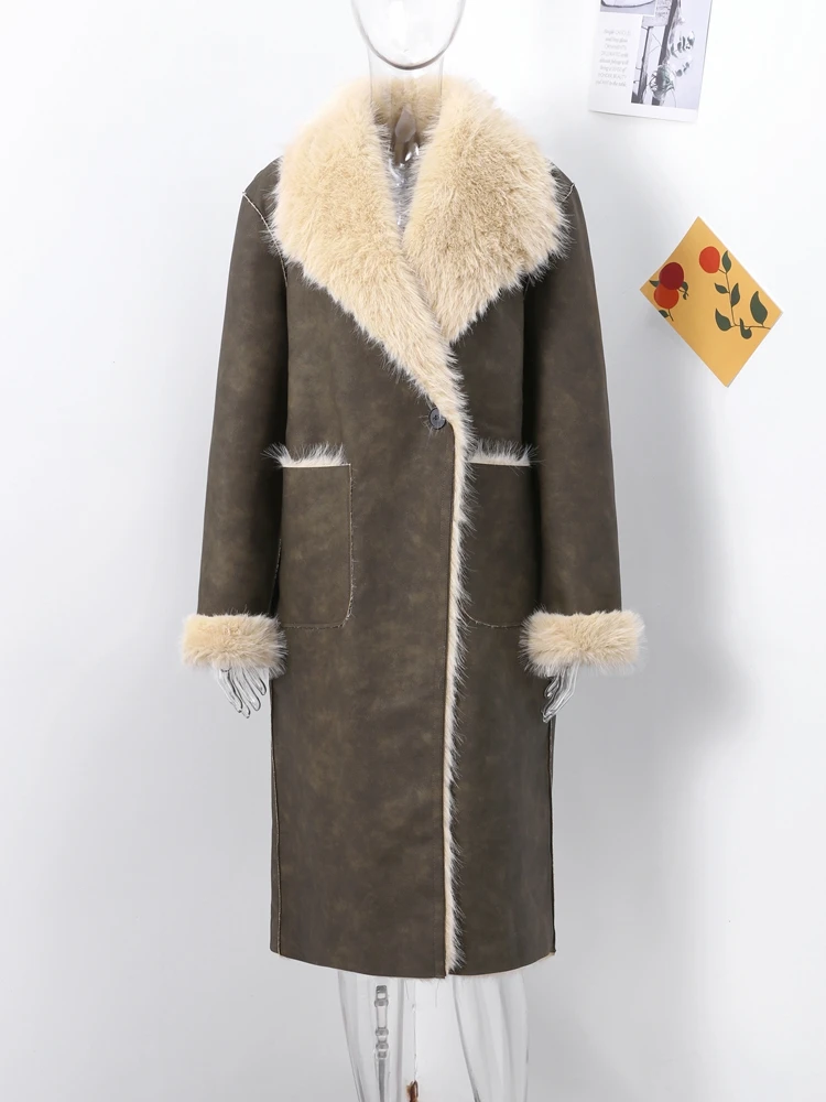 Vrouwelijke Jas Herfst Winter Dames Overjas Elegante Nepbont Vrouwen Lange Jas Mode Dikke Turn-down Kraag Lange Mouw