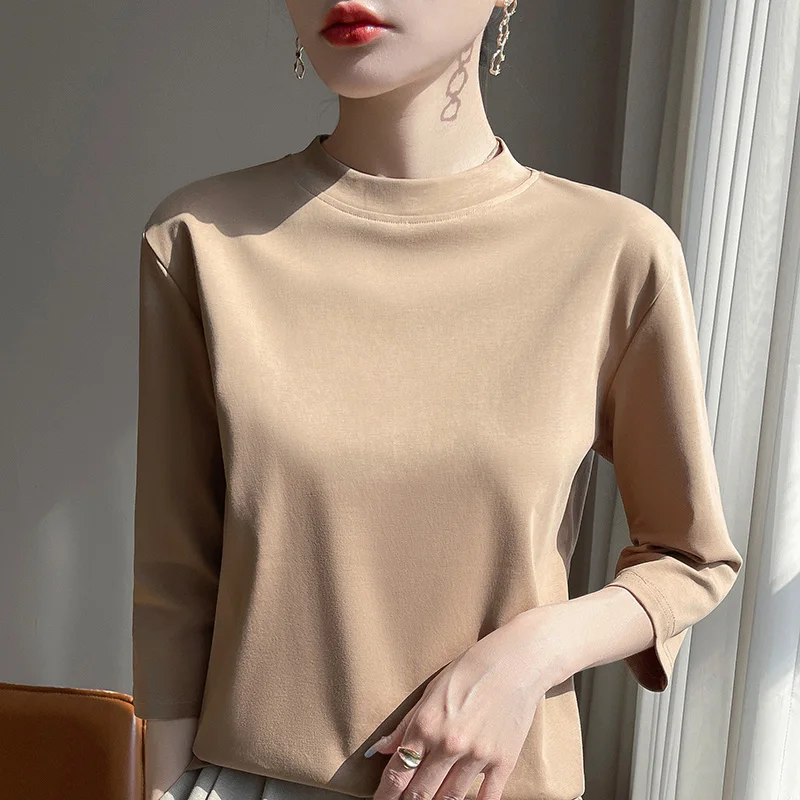 

Spring Summer 100% Cotton Short Sleeve T-Shirt Women's Cropped Sleeves Loose Semi-High Round Neck Mercerized Cotton Bottoming