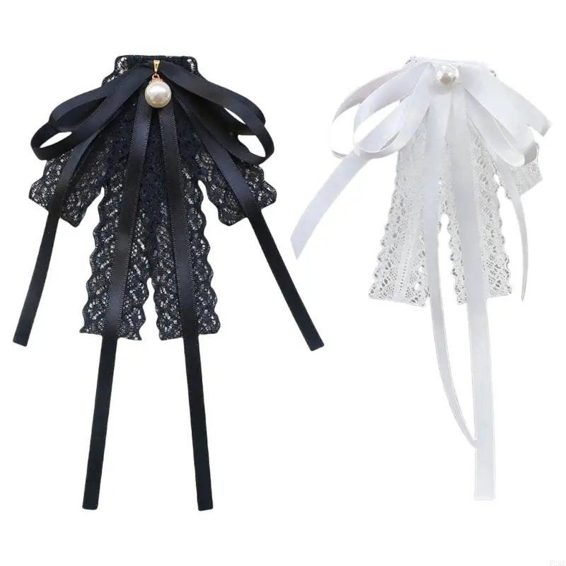 

72XE Lace Ribbon Bowtie Brooch Pin Student Uniform Pre Tied Necktie Clip Pearls Bowknot Shirt Jabot Collar Party Accessories