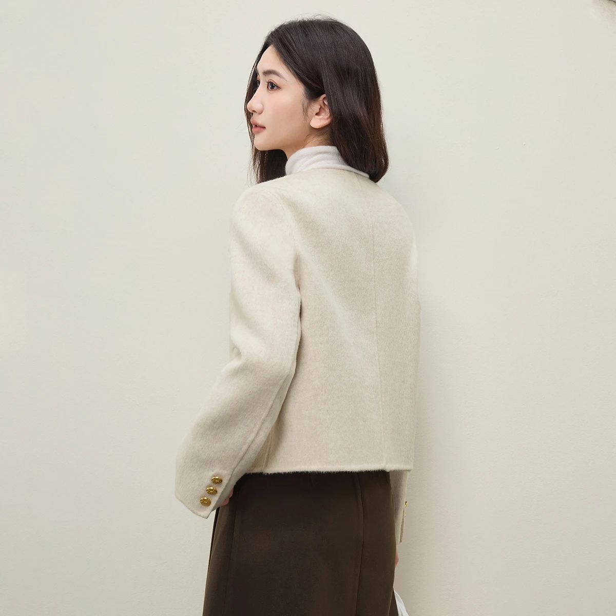 SENTUBILA Women Winter Wool Jacket 2026 Round Neck Thick Pocket Short Coats 100% Wool Long Sleeves Female Outerwear W54OG4882