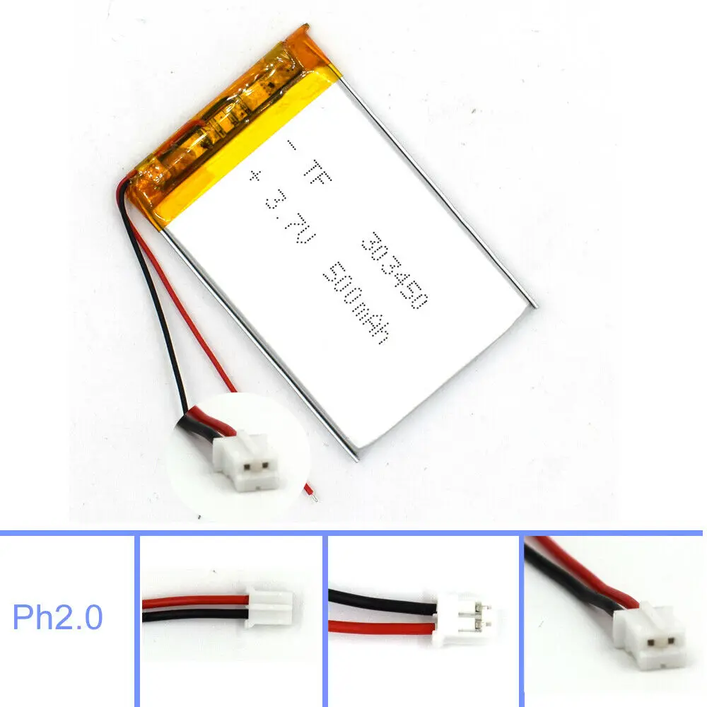 3.7 فولت 500 مللي أمبير ليبوليمر 303450 مع 2Pin جست التوصيل بطارية قابلة للشحن خلية ل مصباح كاميرا ليد غس مسجل قارئ