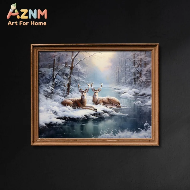 AZNM Vintage Christmas Canvas Wall Art Santa Claus Reindeer Snowy Forest Cabin Xmas Tree Winter Scene Print Holiday Home Unframe