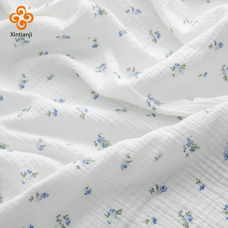 0.5m/1m/2m Gauze Blue Floral Double-layer Crepe Cloth For Sew Children's Muslim Towels, Pajamas, Home Service DIY Materials