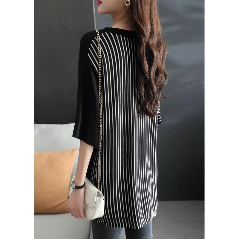 Fashion V-Neck Knitted Spliced Asymmetrical Striped Blouses Women's Clothing 2024 Summer New Loose Casual Tops Commuter Shirts