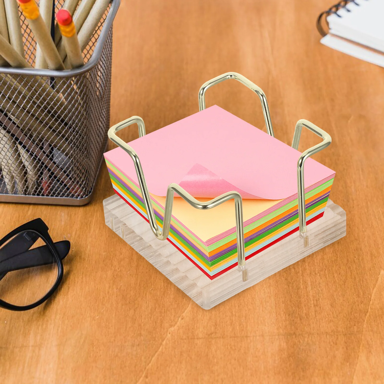 Desk Note Pad Holder Acrylic Memo Stand Desktop Notepad Organizer Paperclip Holder Office Memo Pad Container Storage Organizer