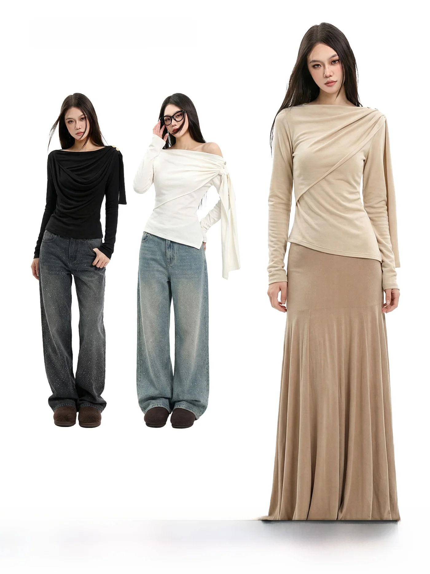 

CCUP SPACE Осенне-зимняя облегающая футболка с длинным рукавом для женщин, сексуальный асимметричный топ с бантом на боковом плече, мягкий и удобный