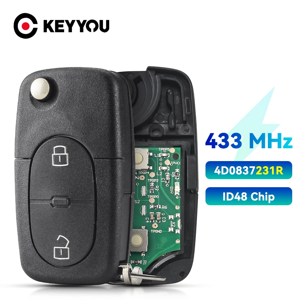 

KEYYOU с аккумулятором 4D0837231R дистанционный ключ 433 МГц ID48 чип для Audi A3 A4 A6 A8 TT 2 кнопки складной автомобильный ключ управления HU66