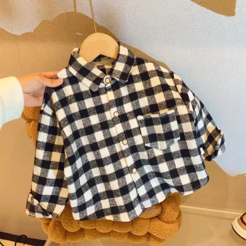 Spring Autumn Warm Coat Shirt for Boys and Girls 1-9 Year Old Classic Striped Plaid Top Thickened Korean Fashion Children\'s Wear