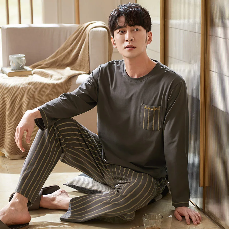 Men Casual Pajamas Set Full Cotton Male Long-sleeved Autumn Winter Pyjama Loose Men Home Set Sleepwear Tops + Striped Pants 2PCS