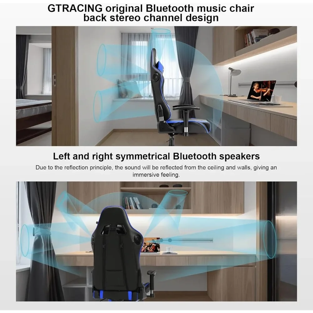 Gaming Chair with Speakers Bluetooth Music Video Game Chairs Audio Ergonomic Design Heavy Duty Office Computer Desk Chair（Blue）