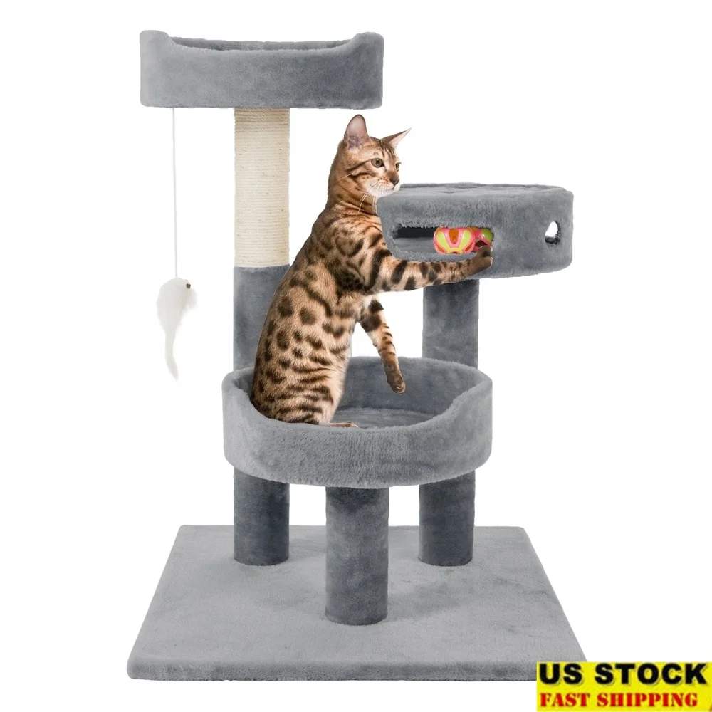 

Tall Cat Tree Condo with Scratch Post Perches Interactive Toy Multi-Level Cat Tower Indoor Cats Durable Plush Design
