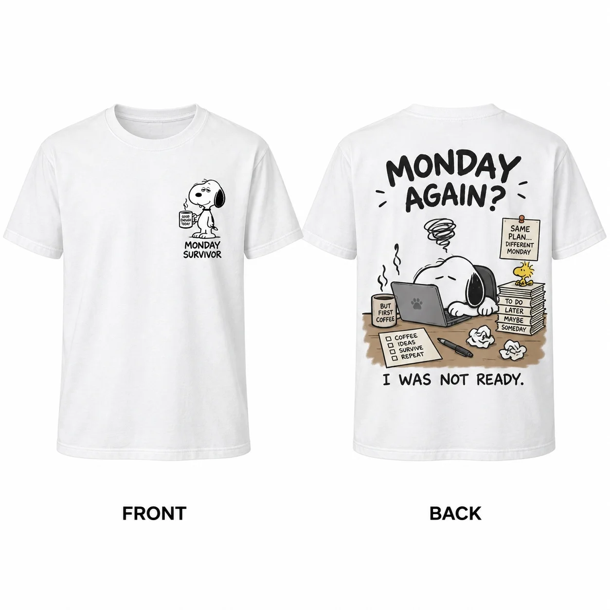 Funny Cartoon Dog T Shirt Men Women Casual Short Sleeve Tee Monday Survivor Coffee Lover Graphic Print Unisex Cotton Shirt