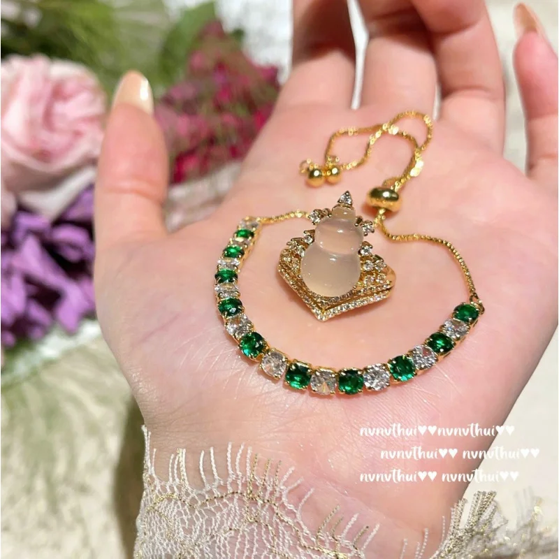 ライチ冷凍ホワイトカルセドニーひょうたん宝石リング新しい中国風-plating18kgold-グラデーションマラカイトジルコンブレスレット