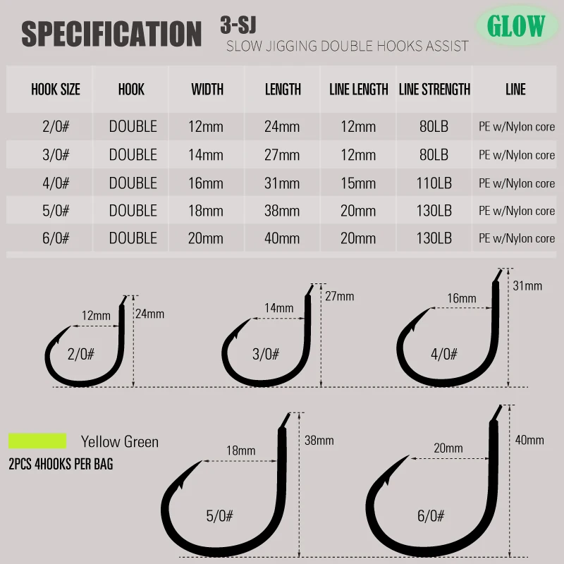 3-SJ Anzuelos assist dobles slow jigging fluorescentes para sargos mar - imagen 3