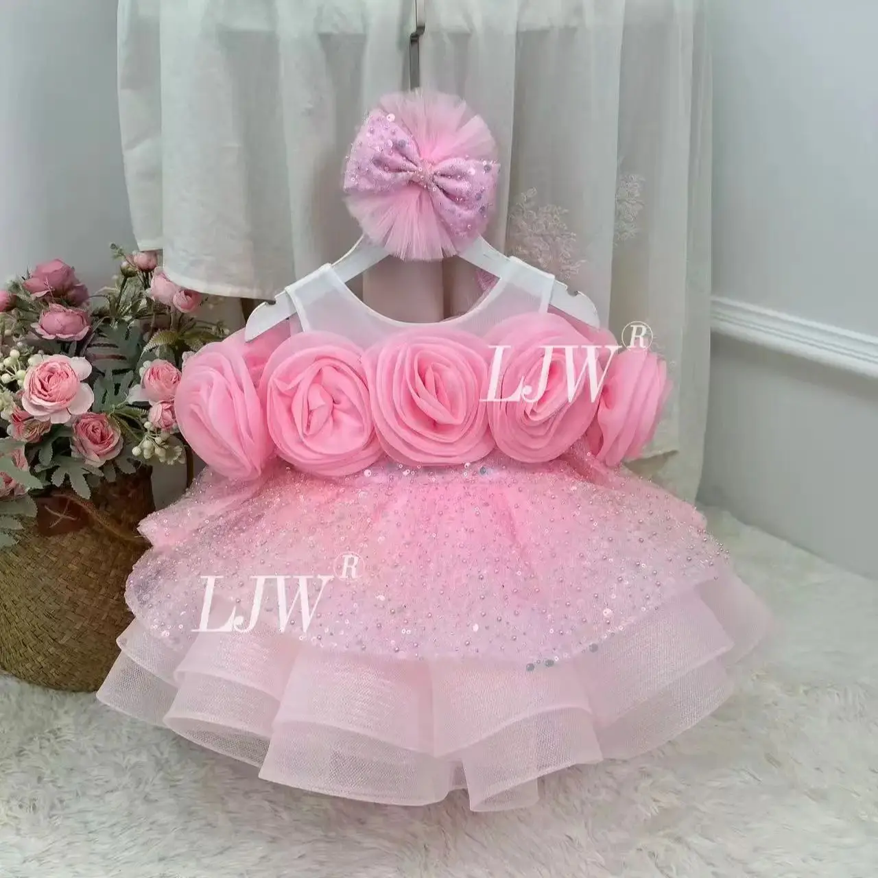 

3D rose Floral Sequin Luxury princess Dress toddler 1st Birthday Pageant Party Ball Gown Girls Wedding Party Gown Pageant compet