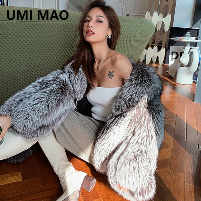 UMI MAO Ayajia Finlandia Argento Volpe Vera Pelliccia Cappotto Intero In Pelle Verde Frutta Collare Striscia Verticale Dimagrante Cappotto di Pelliccia Spessa