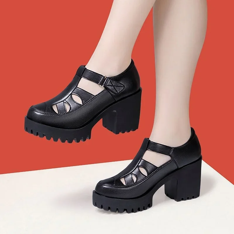 8cm Small Size 32-43 Close Head Genuine Leather Shoes Chunky Platform Sandals 2024 Block High Heels Gladiator Sandals Office Mom