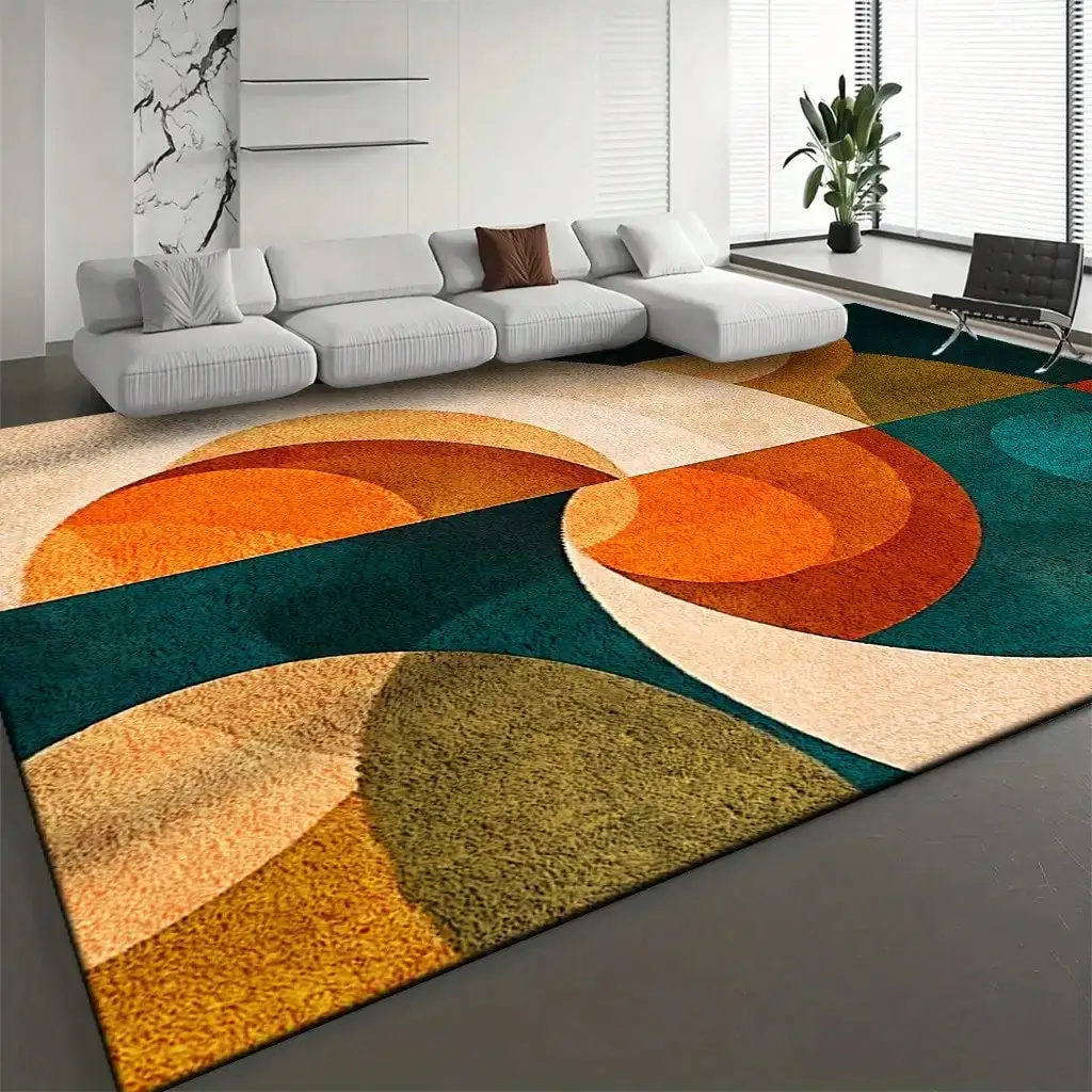 

Ковер из мягкого велюра 850 г/м² с современным абстрактным круговым узором, оранжево-бежево-бирюзовый, машинная стирка, нескользящий