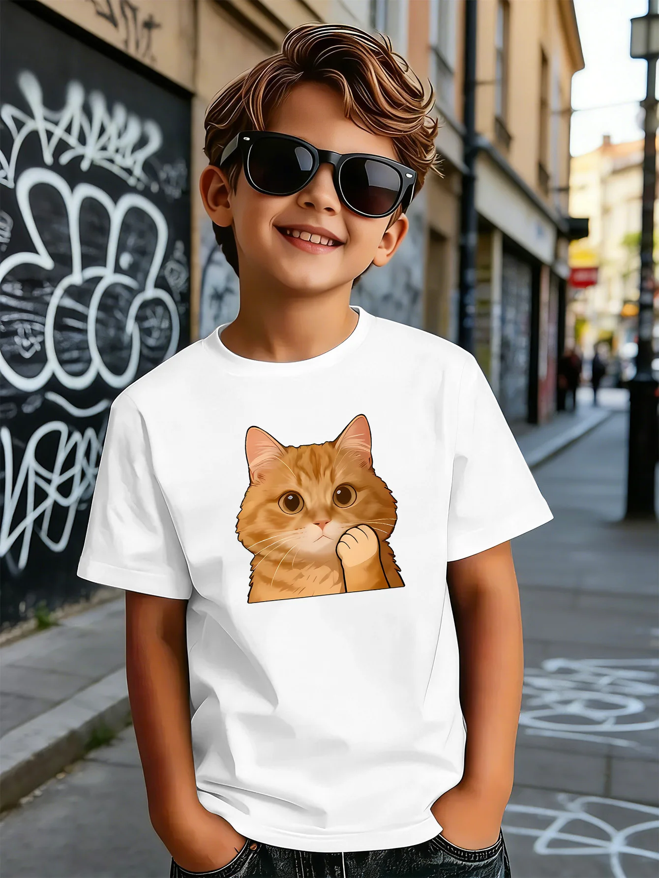 Sweet Orange Kitty Cute Cartoon Print Boys Girls Family Matching Cotton Short Sleeve Crew Neck Soft Summer Kids Casual Tees