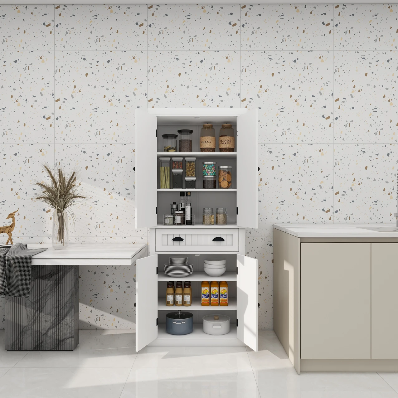 Vrijstaande keukenkast met 4-deuren en lade, keukenkastorganizer