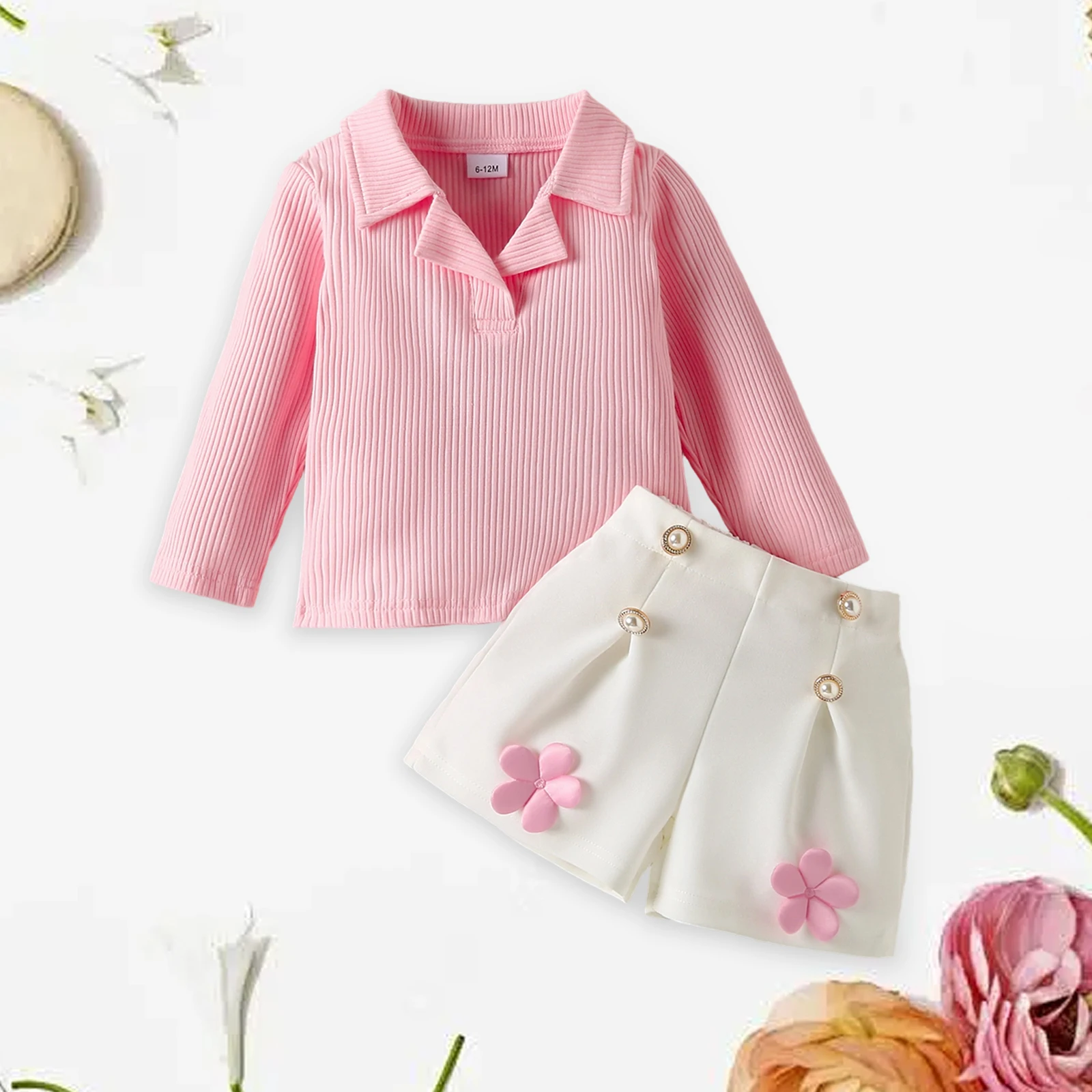1-4Y Toddler Girls 2 Piece Outfit Ribbed Long Sleeve Tops and 3D Flower Shorts Cute Fashion kids Clothes Set