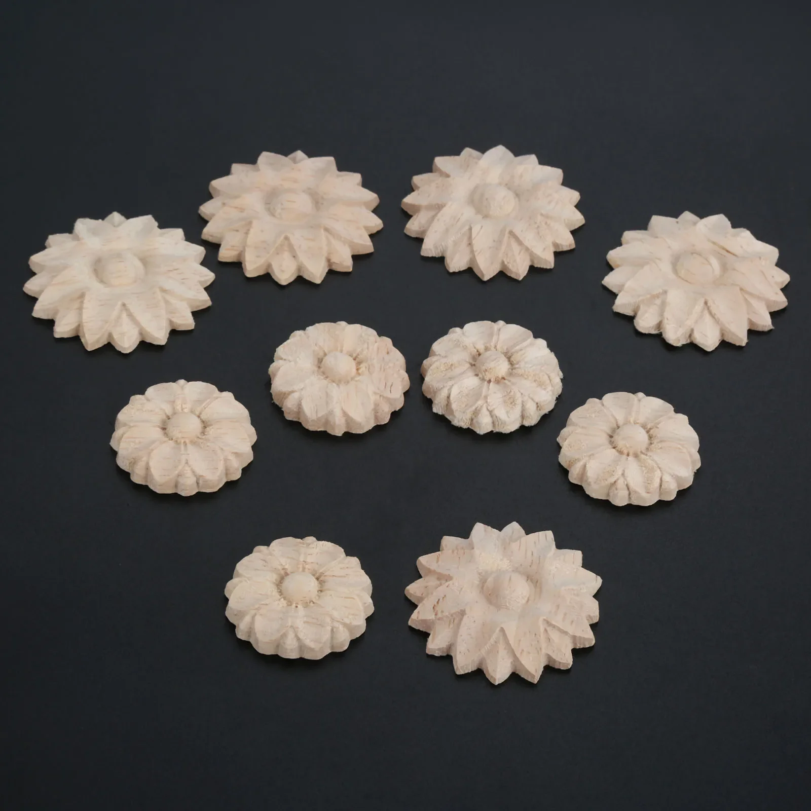 10pcs Floral Wood Carved Decal Round Mini Corner Frame Wall Furniture Woodcarving Figurines Crafts Home Decor Ornement 3/4cm