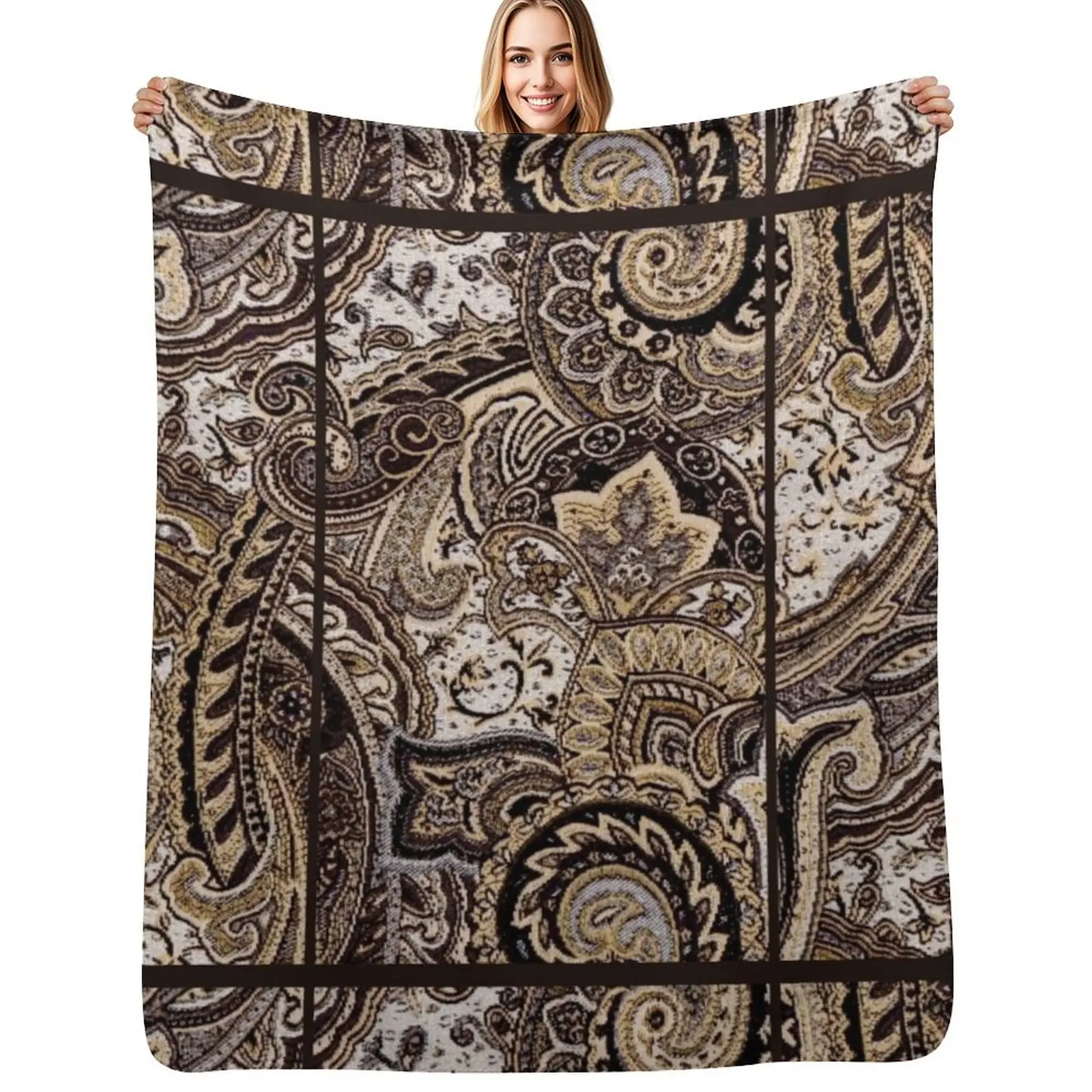 

Paisley Tan Brown White Black Abstract Textures Fabric Print Throw Blanket Warm Flannel Blanket for Couch Chair Bedroom