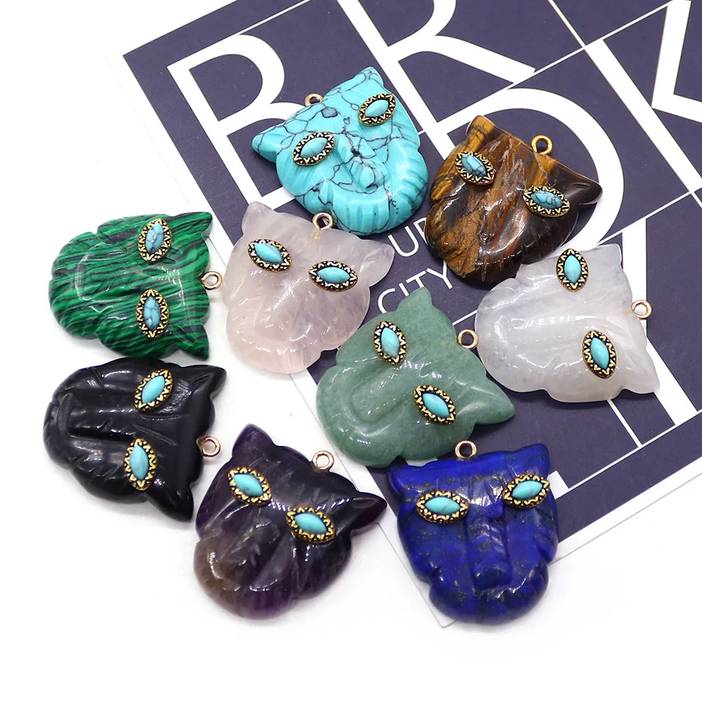Cat Face Natural Stone Pendant Turquoise Eye Inlay Carved Gemstone Owl Head Charm for Handmade Spiritual Protection Necklace