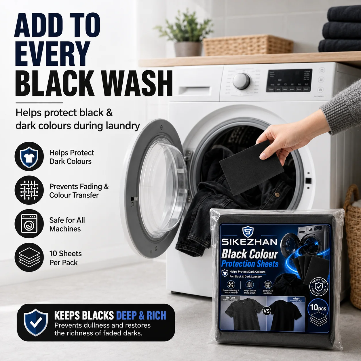 SIKEZHAN Black Laundry Dye Trapping Sheets 10Pcs Dark Clothes Color Protection Fabric Care Sheets for Washing Machine Use