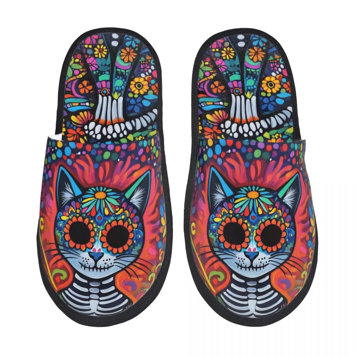 

Custom Mexican Floral Skull Cat Memory Foam Slippers Women Cozy Warm Day Of The Dead House Slippers