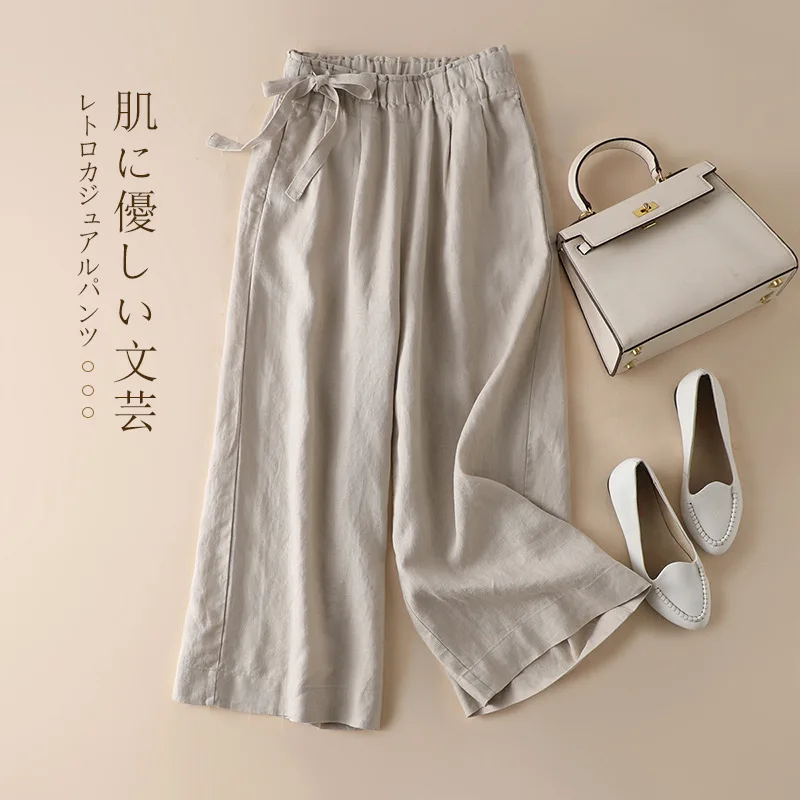 

100% Linen Elastic Waist Wide Leg Pants Women Brand Casual Ankle-length Quality Trousers For Girls Large Size M-3XL Pantalones