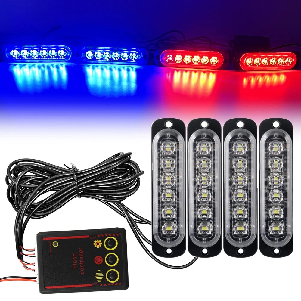 Car Led Grid Police Strobe Light Red Blue Yellow 6LED Front Grille Auto Emergency Flashing Firemen Beacon Warning Lamp 12V 24V