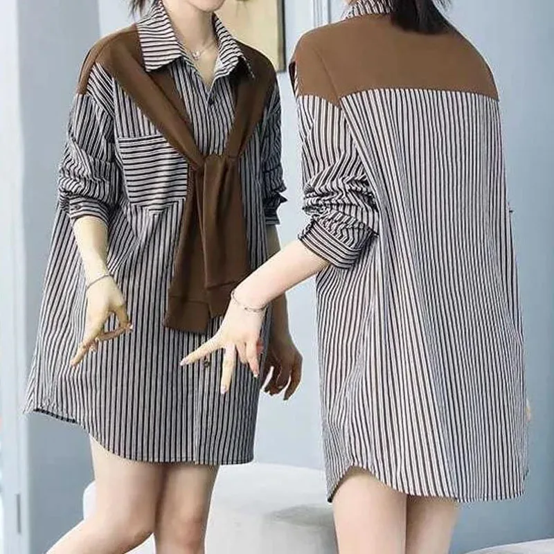 Korean Shawl Spliced Casual Striped Shirt 2023 Fashion Loose Fake Two Pieces Women\'s Turn-down Collar Button Long Sleeve Blouses